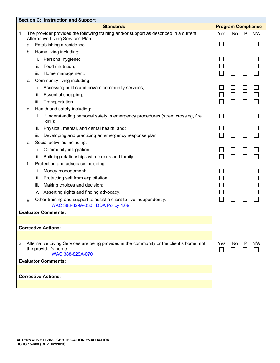 DSHS Form 15-388 Alternative Living Certification Evaluation - Washington, Page 4