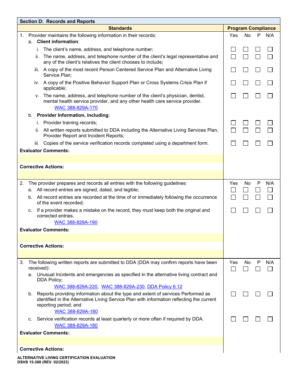 DSHS Form 15-388 Alternative Living Certification Evaluation - Washington, Page 5