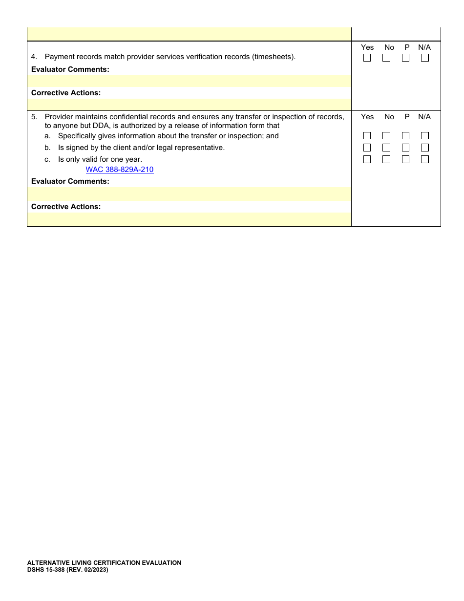 DSHS Form 15-388 Alternative Living Certification Evaluation - Washington, Page 6