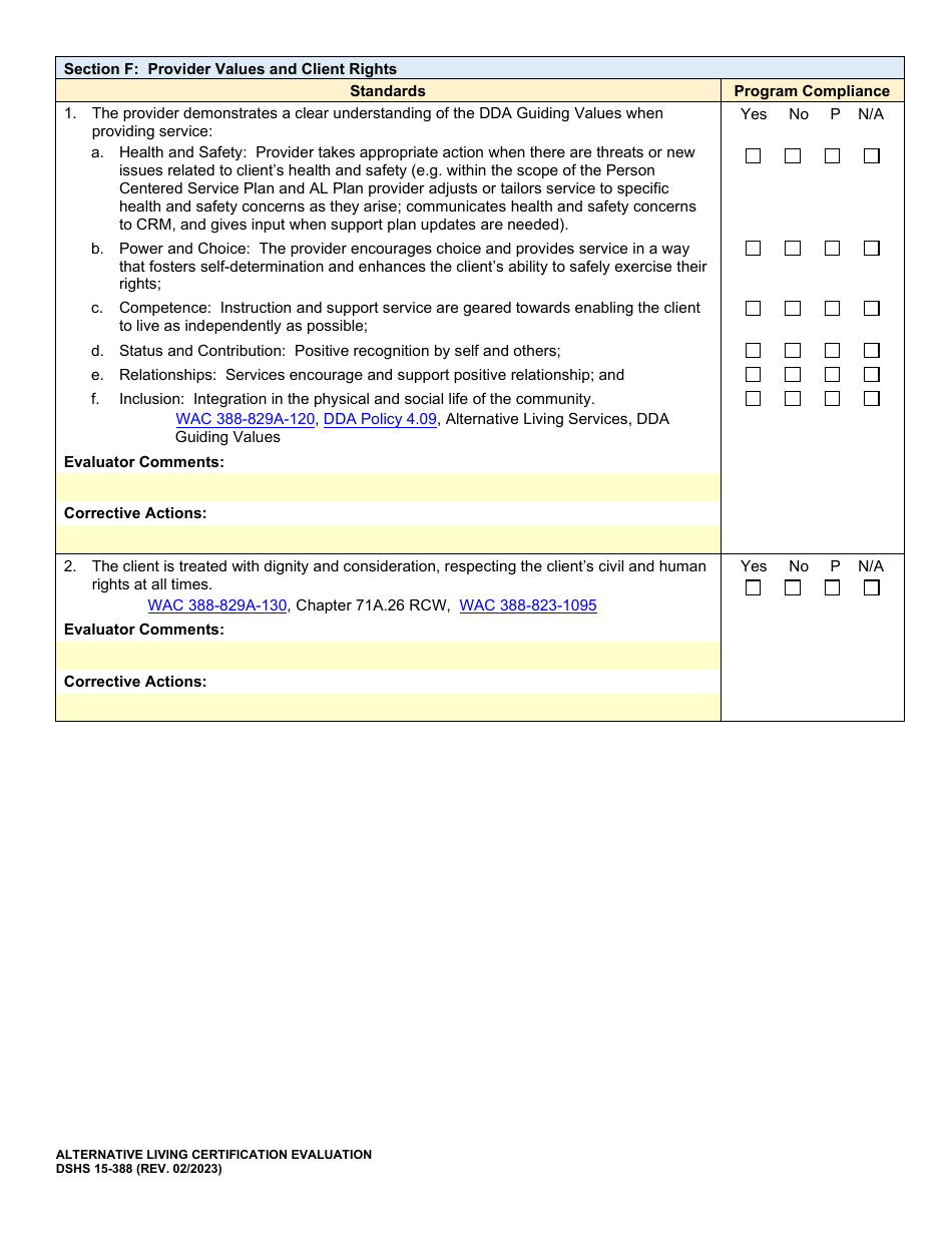 DSHS Form 15-388 Alternative Living Certification Evaluation - Washington, Page 8