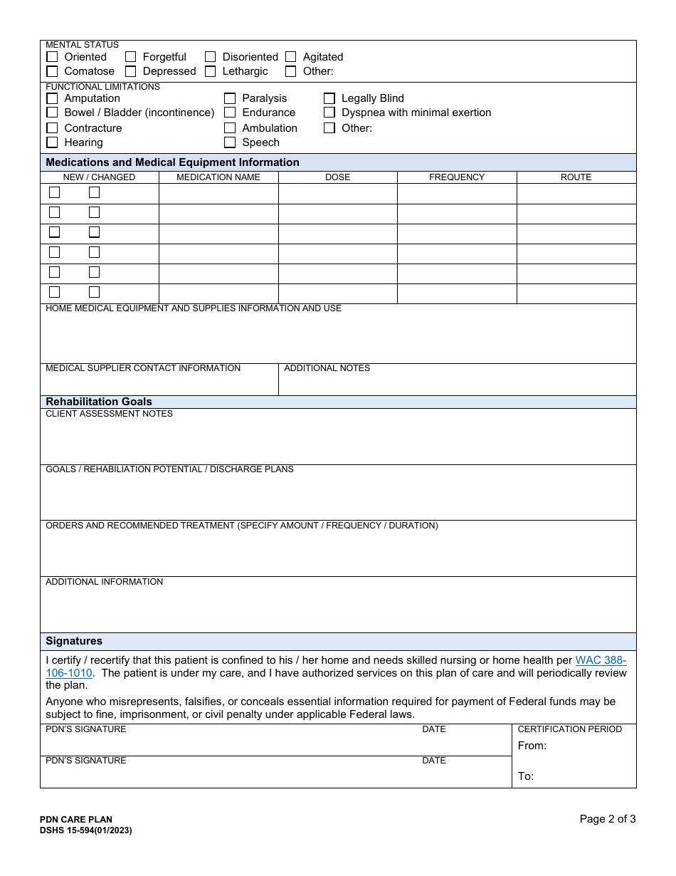 DSHS Form 15-594 Private Duty Nursing (Pdn) Care Plan - Washington, Page 2