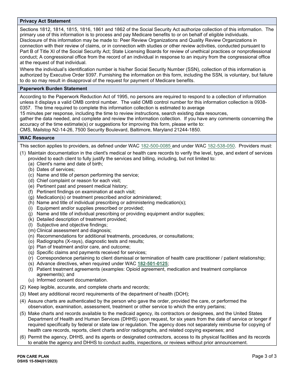 DSHS Form 15-594 Private Duty Nursing (Pdn) Care Plan - Washington, Page 3