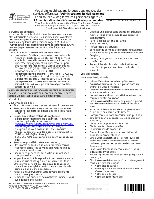 DSHS Form 16-172 Your Rights and Responsibilities When You Receive Services Offered by Aging and Disability Services Administration and Developmental Disabilities Administration - Washington (French)