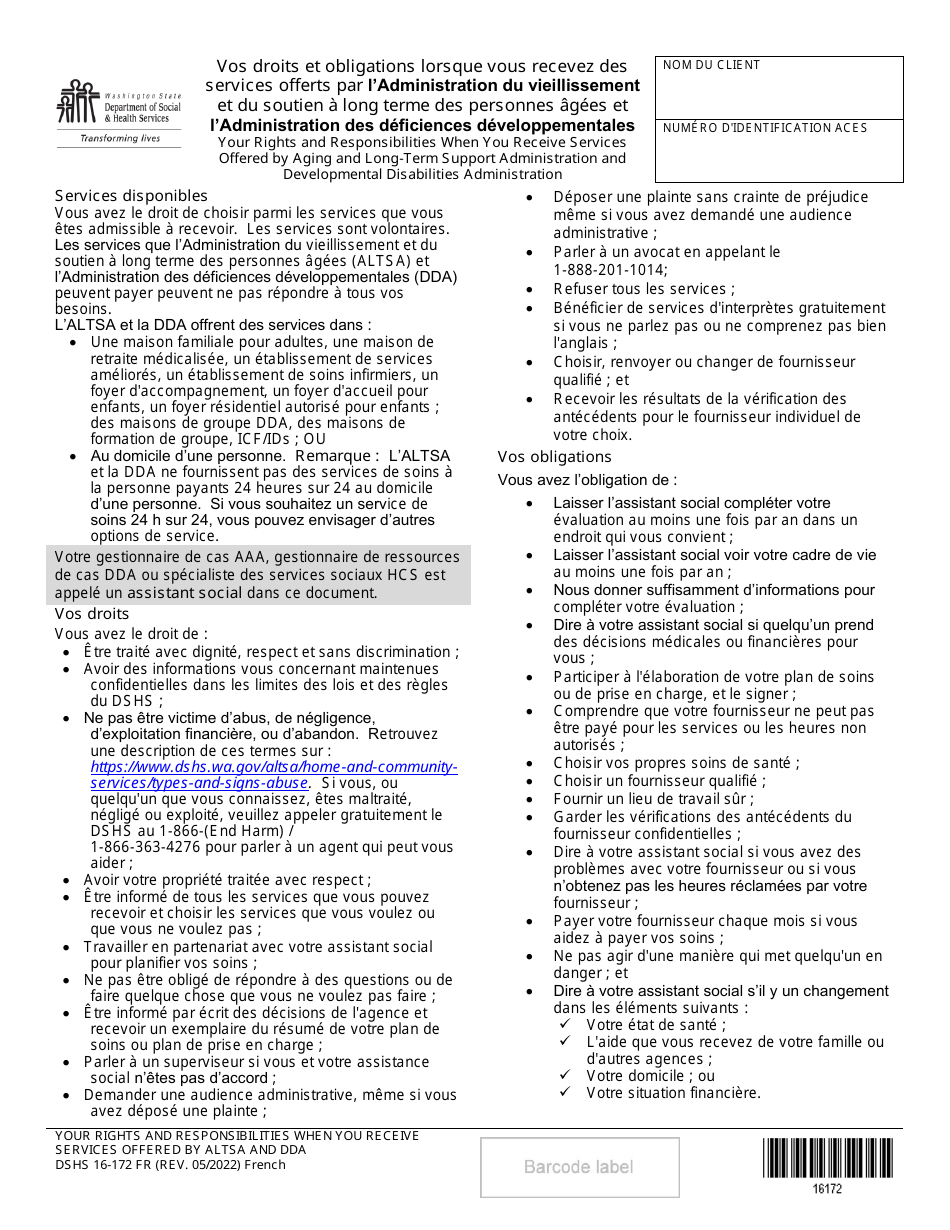 DSHS Form 16-172 Your Rights and Responsibilities When You Receive Services Offered by Aging and Disability Services Administration and Developmental Disabilities Administration - Washington (French), Page 1
