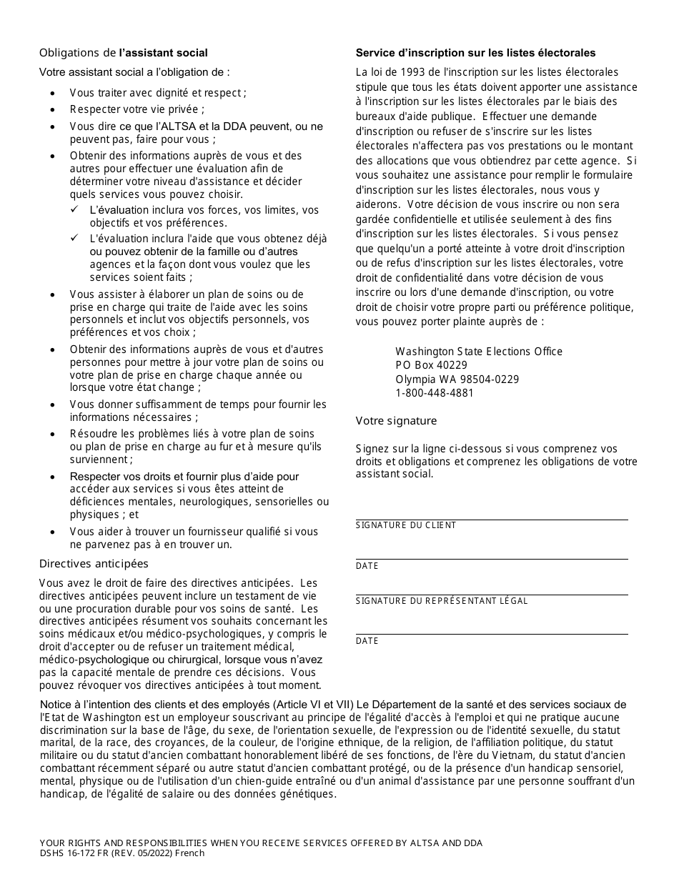 DSHS Form 16-172 Your Rights and Responsibilities When You Receive Services Offered by Aging and Disability Services Administration and Developmental Disabilities Administration - Washington (French), Page 2