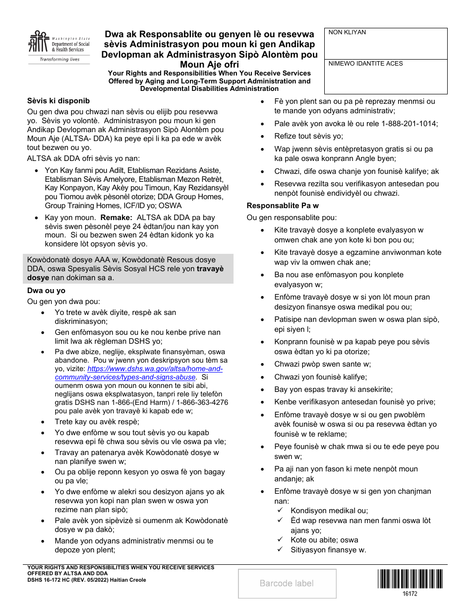 DSHS Form 16-172 Your Rights and Responsibilities When You Receive Services Offered by Aging and Long-Term Support Administration and Developmental Disabilities Administration - Washington (Haitian Creole), Page 1