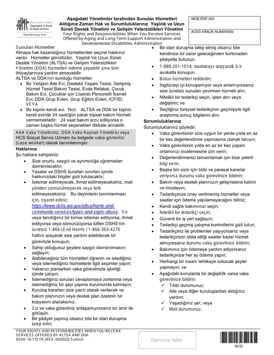 DSHS Form 16-172 Your Rights and Responsibilities When You Receive Services Offered by Aging and Long-Term Support Administration and Developmental Disabilities Administration - Washington (Turkish), Page 1