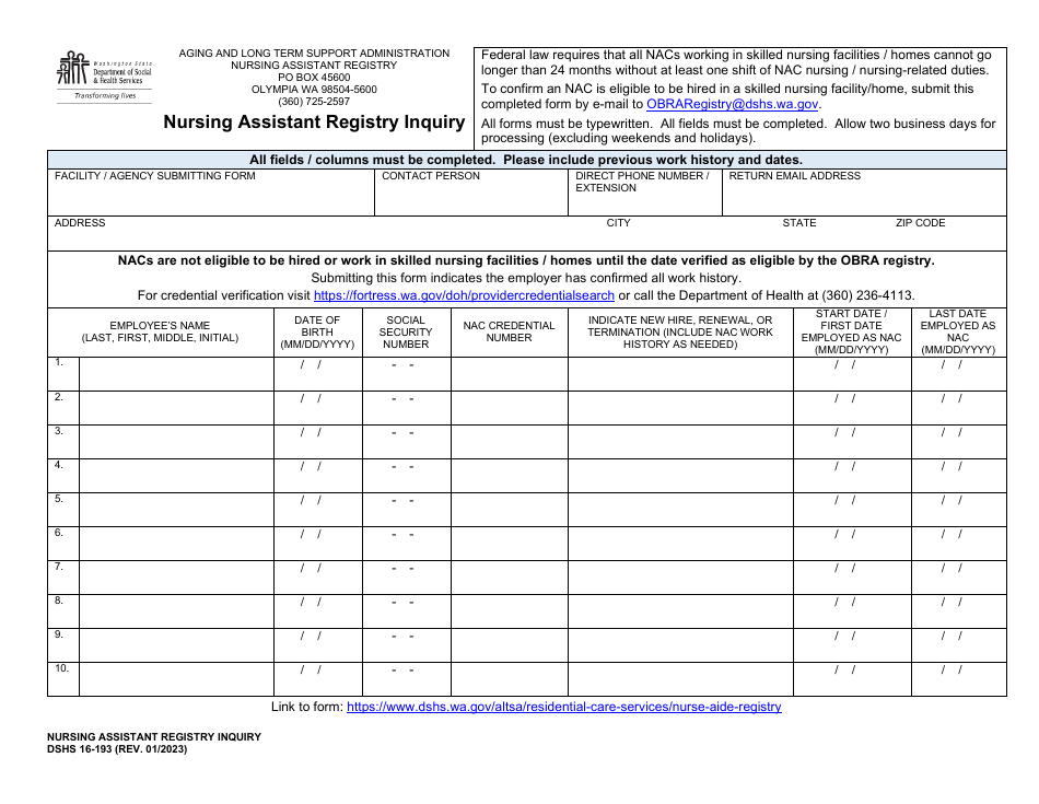 DSHS Form 16-193 Nursing Assistant Registry Inquiry - Washington, Page 1
