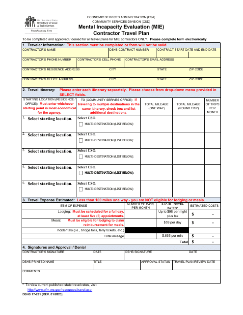 DSHS Form 17-231 Mental Incapacity Evaluation (Mie) Contractor Travel Plan - Washington