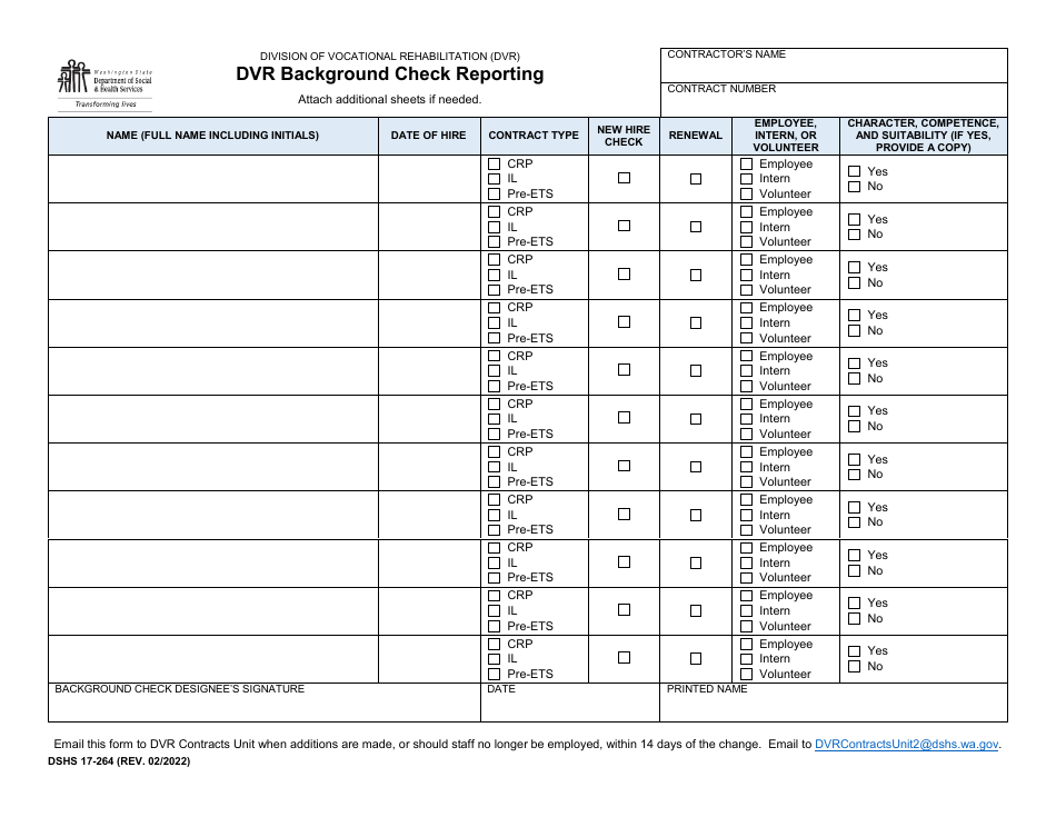 DSHS Form 17-264 Dvr Background Check Reporting - Washington, Page 1