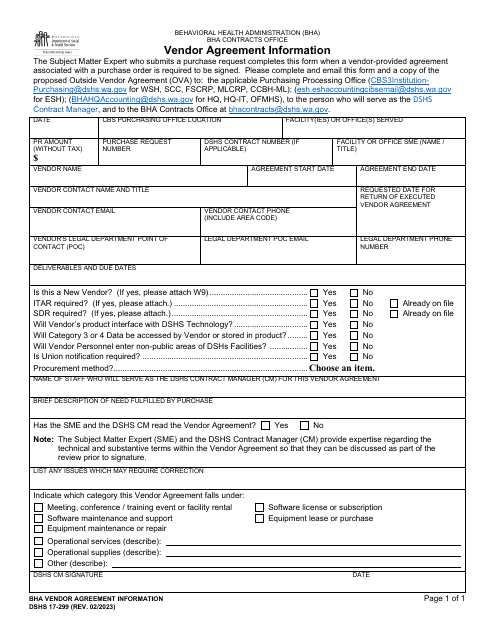 DSHS Form 17-299 Vendor Agreement Information - Washington