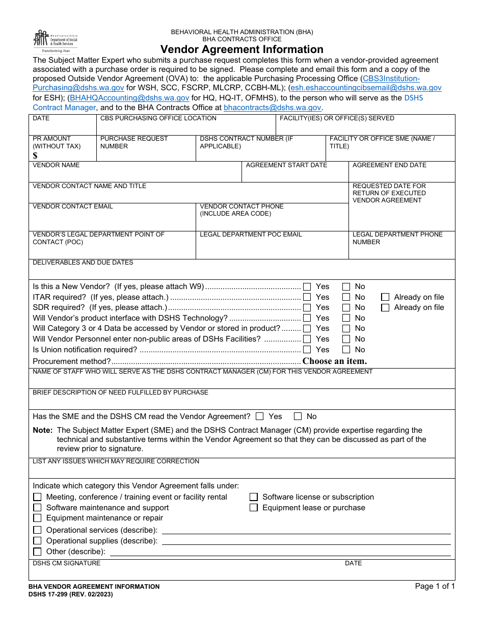 DSHS Form 17-299 Download Printable PDF or Fill Online Vendor Agreement ...