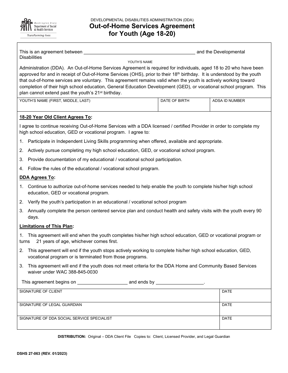 DSHS Form 27-063 Out-Of-Home Services Agreement for Youth (Age 18-20) - Washington, Page 1