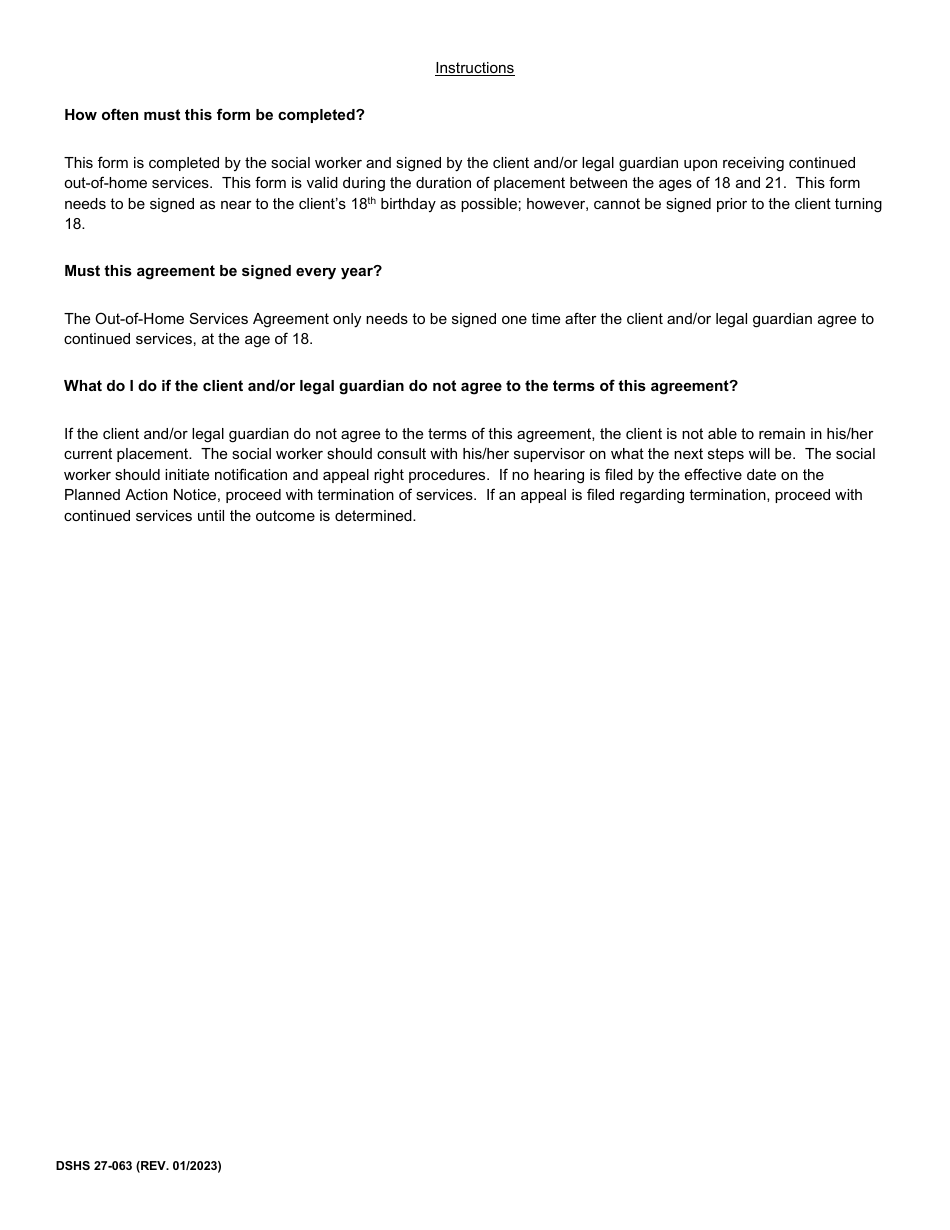 DSHS Form 27-063 Out-Of-Home Services Agreement for Youth (Age 18-20) - Washington, Page 2