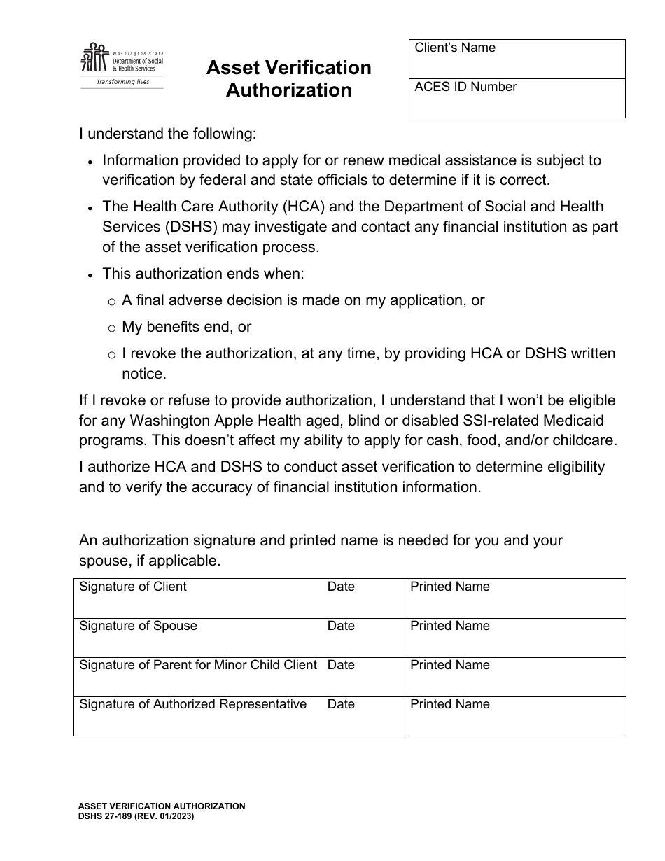 DSHS Form 27189 Download Printable PDF or Fill Online Asset
