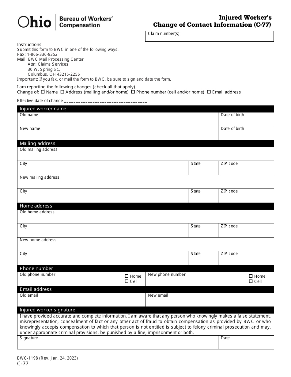 Form C-77 (BWC-1198) Injured Workers Change of Contact Information - Ohio, Page 1