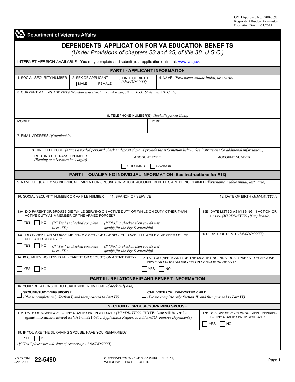 VA Form 22-5490 Dependents Application for VA Education Benefits, Page 1