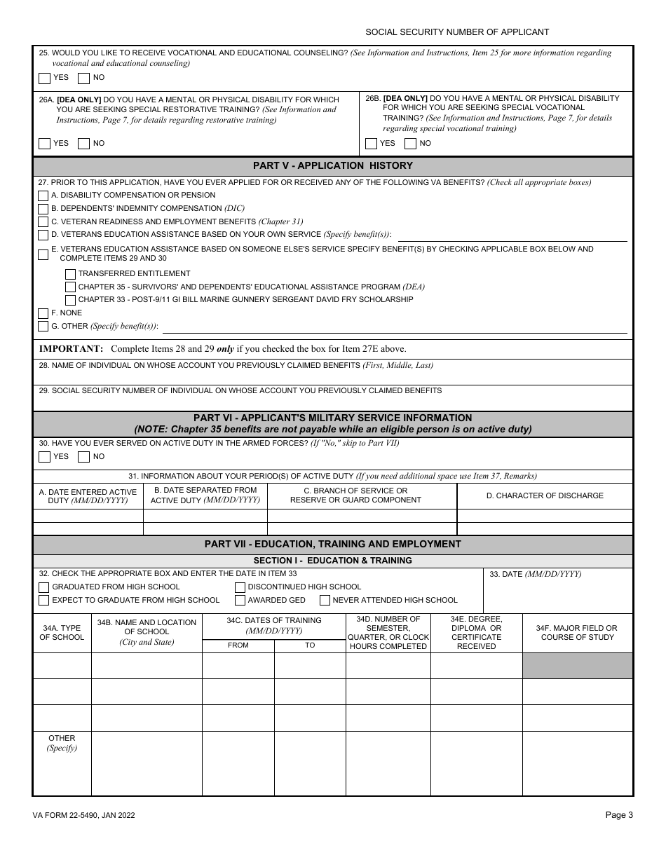 VA Form 22 5490 Download Fillable PDF Or Fill Online Dependents Application For VA Education