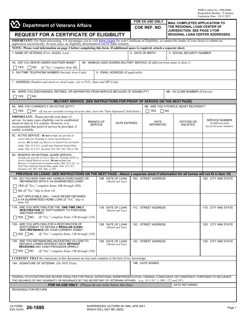 VA Form 26-1880 Request for a Certificate of Eligibility, Page 1