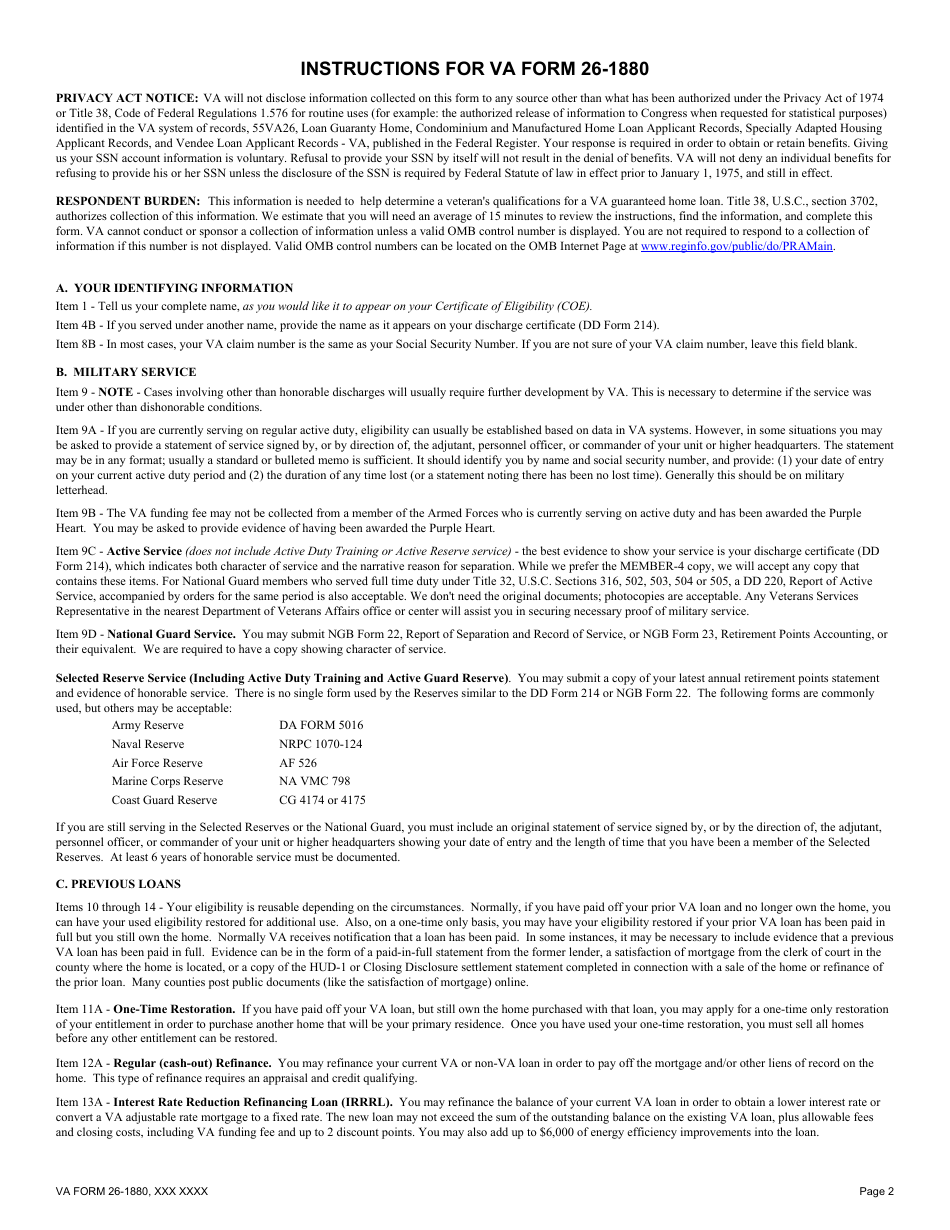 VA Form 26-1880 Request for a Certificate of Eligibility, Page 2
