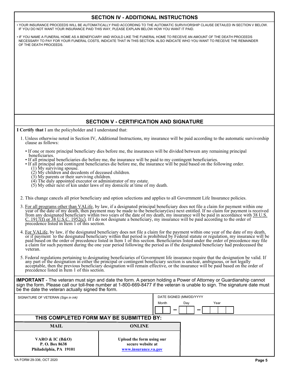 VA Form 29-336 Designation of Beneficiary - Government Life Insurance, Page 5