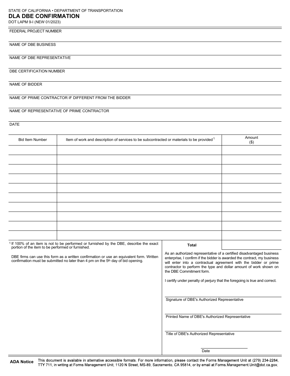 Form DOT LAPM9-I Dla Dbe Confirmation - California, Page 1