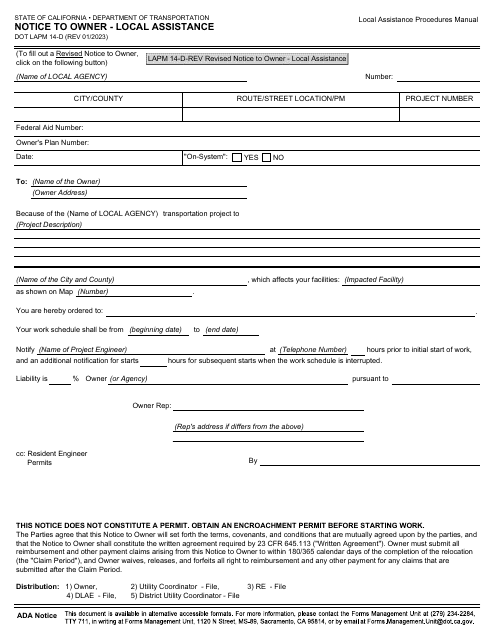Form DOT LAPM14-D Notice to Owner - Local Assistance - California