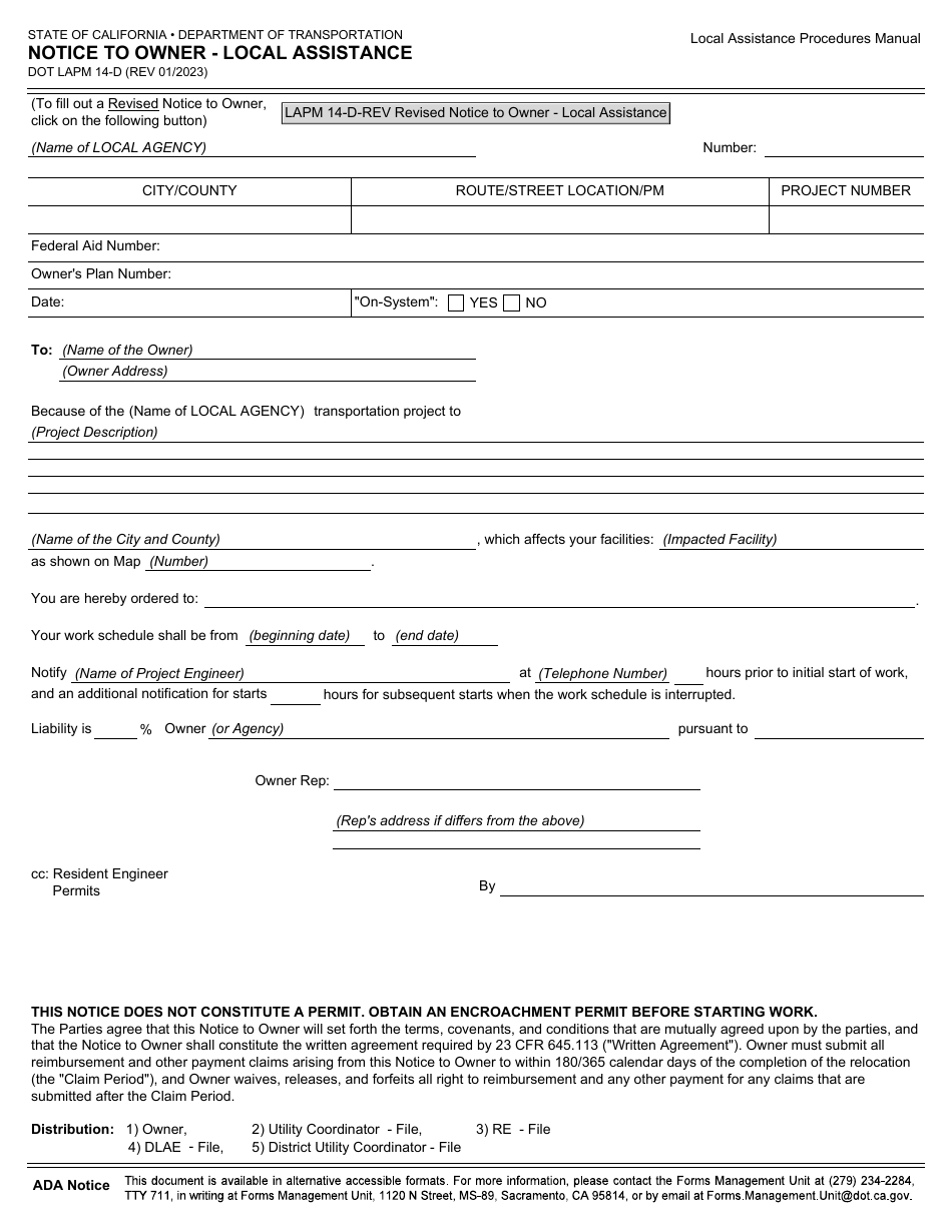 Form DOT LAPM14-D Notice to Owner - Local Assistance - California, Page 1