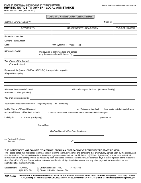 Form DOT LAPM14-D-REV Revised Notice to Owner - Local Assistance - California
