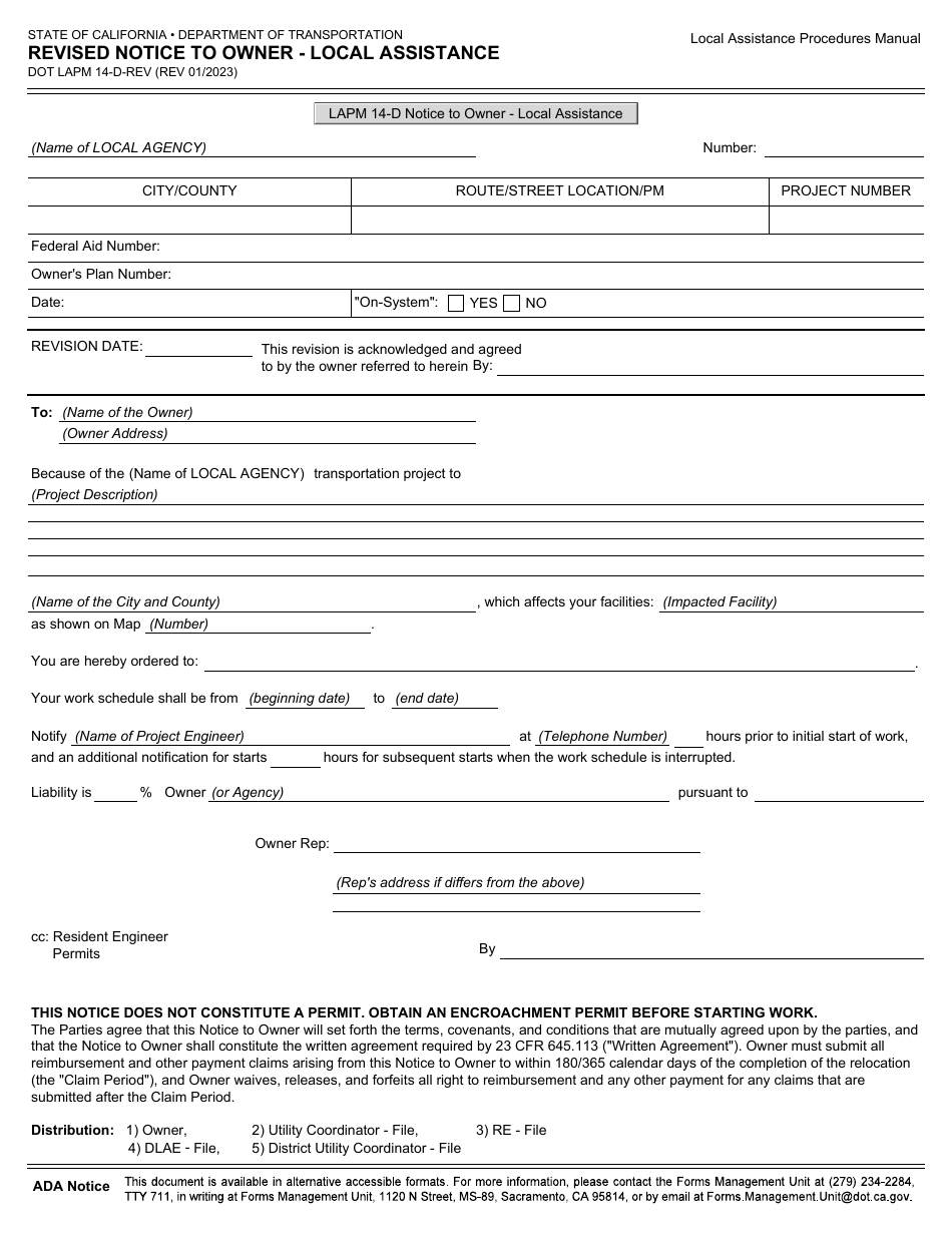 Form DOT LAPM14-D-REV Revised Notice to Owner - Local Assistance - California, Page 1