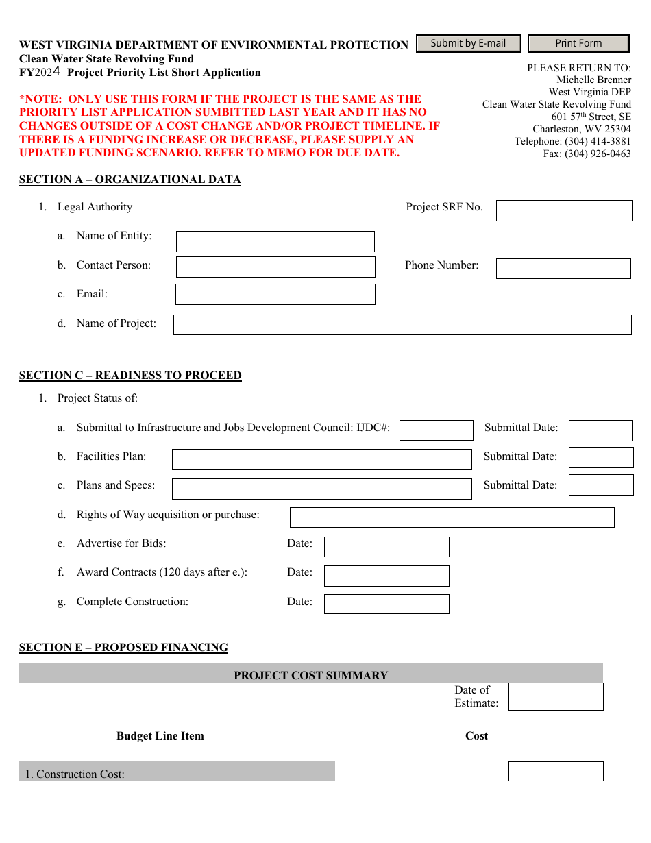 2024 West Virginia Project Priority List Short Application Clean Water State Revolving Fund