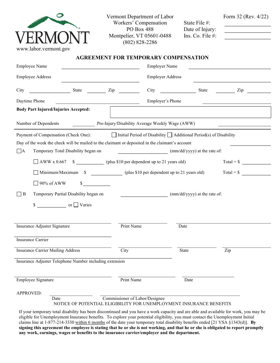 Form 32 Agreement for Temporary Compensation - Vermont, Page 1