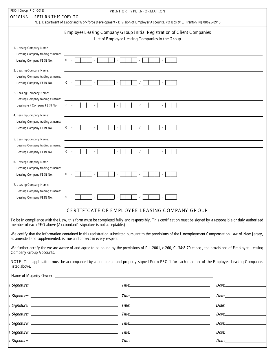 Form PEO-1 Employee Leasing Company Group Initial Registration of Client Companies - New Jersey, Page 1