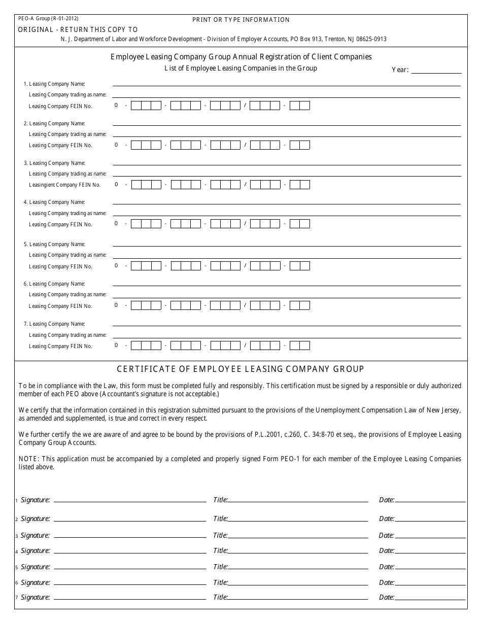 Form PEO-A Employee Leasing Company Group Annual Registration of Client Companies - New Jersey, Page 1