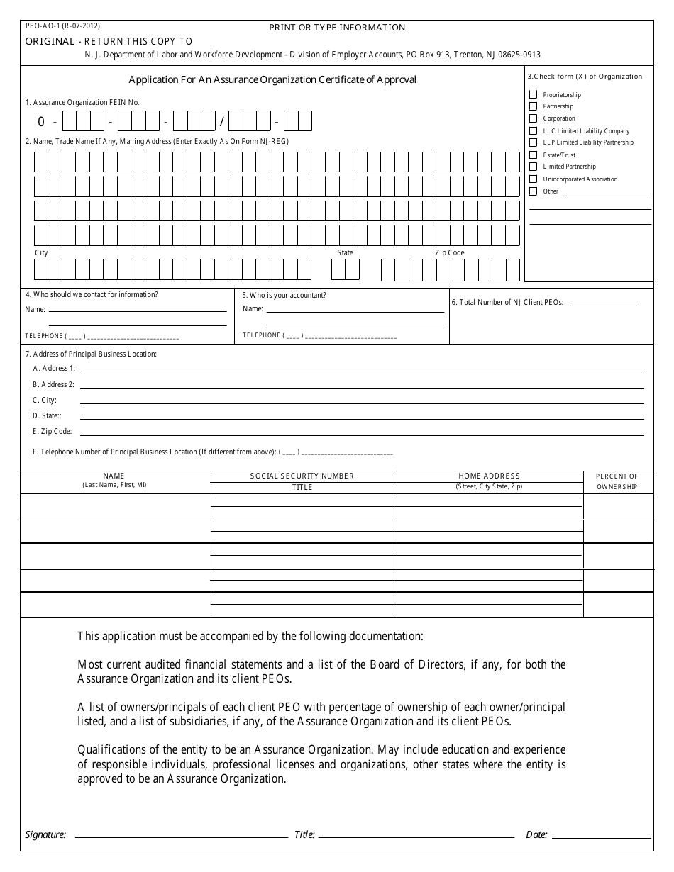 Form PEO-AO-1 Application for an Assurance Organization Certificate of Approval - New Jersey, Page 1