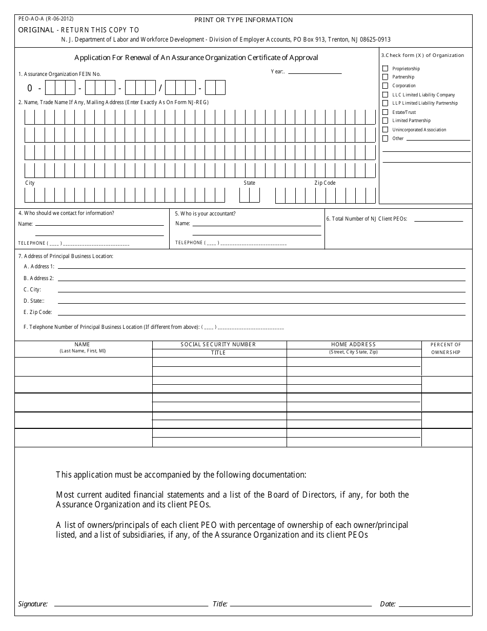Form PEO-AO-R Application for Renewal of an Assurance Organization Certificate of Approval - New Jersey, Page 1