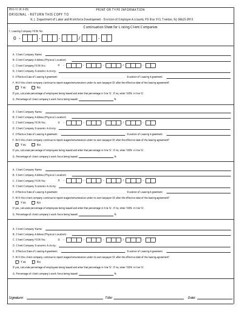 Form PEO-1C Continuation Sheet for Listing Client Companies - New Jersey