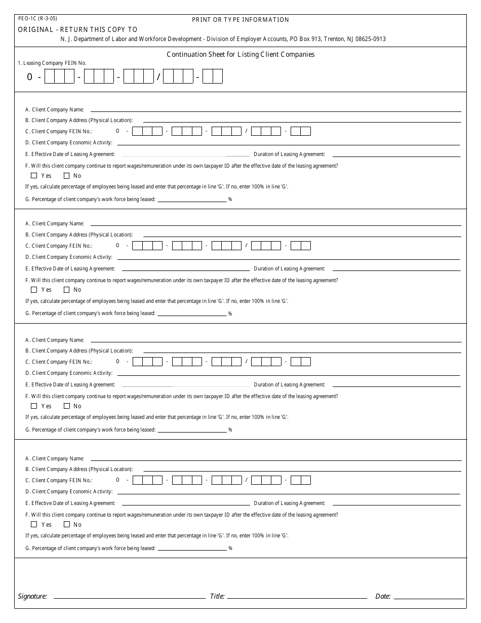 Form PEO-1C Continuation Sheet for Listing Client Companies - New Jersey, Page 1
