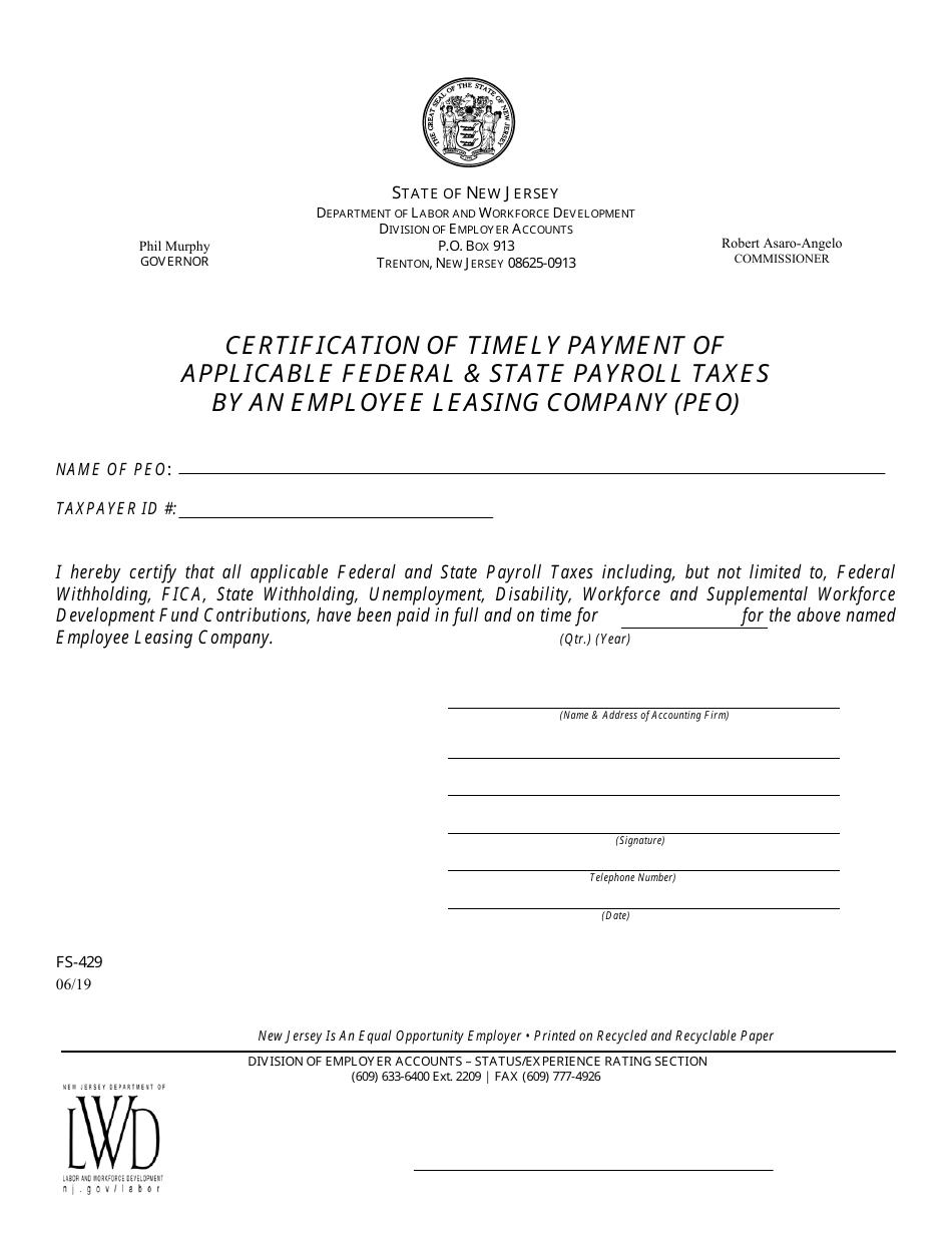 Form FS-429 Certification of Timely Payment of Applicable Federal  State Payroll Taxes by an Employee Leasing Company (Peo) - New Jersey, Page 1