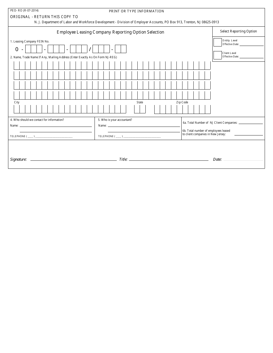 Form PEO-RO Employee Leasing Company Reporting Option Selection - New Jersey, Page 1