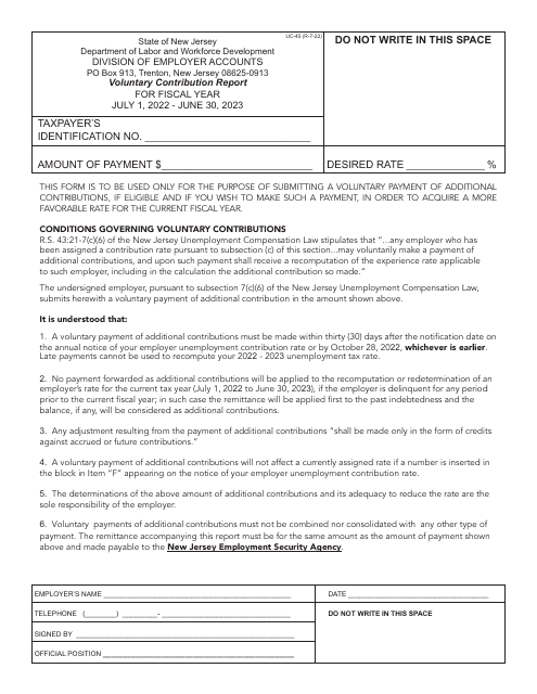 Form UC-45 Voluntary Contribution Report - New Jersey, 2023
