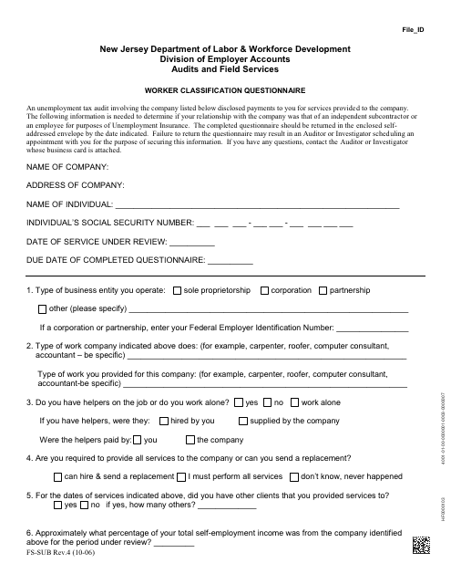 Form FS-SUB Worker Classification Questionnaire - New Jersey