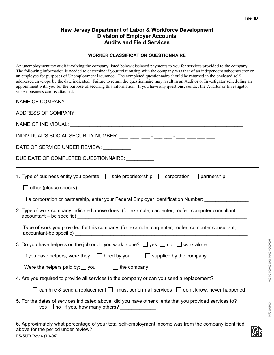 Form FS-SUB Worker Classification Questionnaire - New Jersey, Page 1