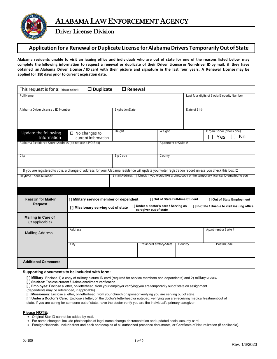 Form DL 100 Download Printable PDF Or Fill Online Application For A   Form Dl 100 Application For A Renewal Or Duplicate License For Alabama Drivers Temporarily Out Of State Alabama Print Big 