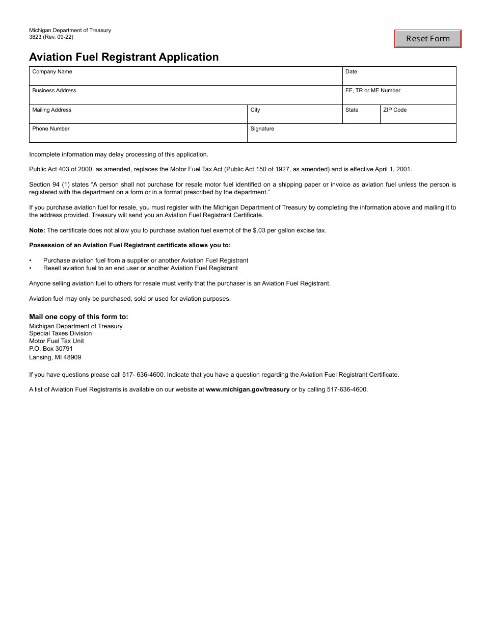 Form 3823 Aviation Fuel Registrant Application - Michigan, Page 1