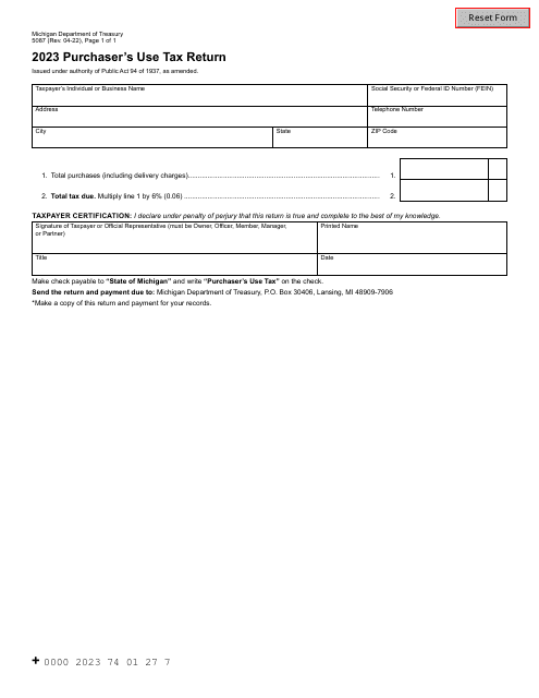 Form 5087 Purchaser's Use Tax Return - Michigan, 2023