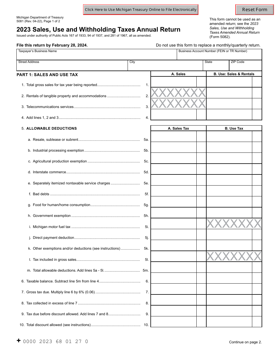 Form 5081 Sales, Use and Withholding Taxes Annual Return - Michigan, Page 1