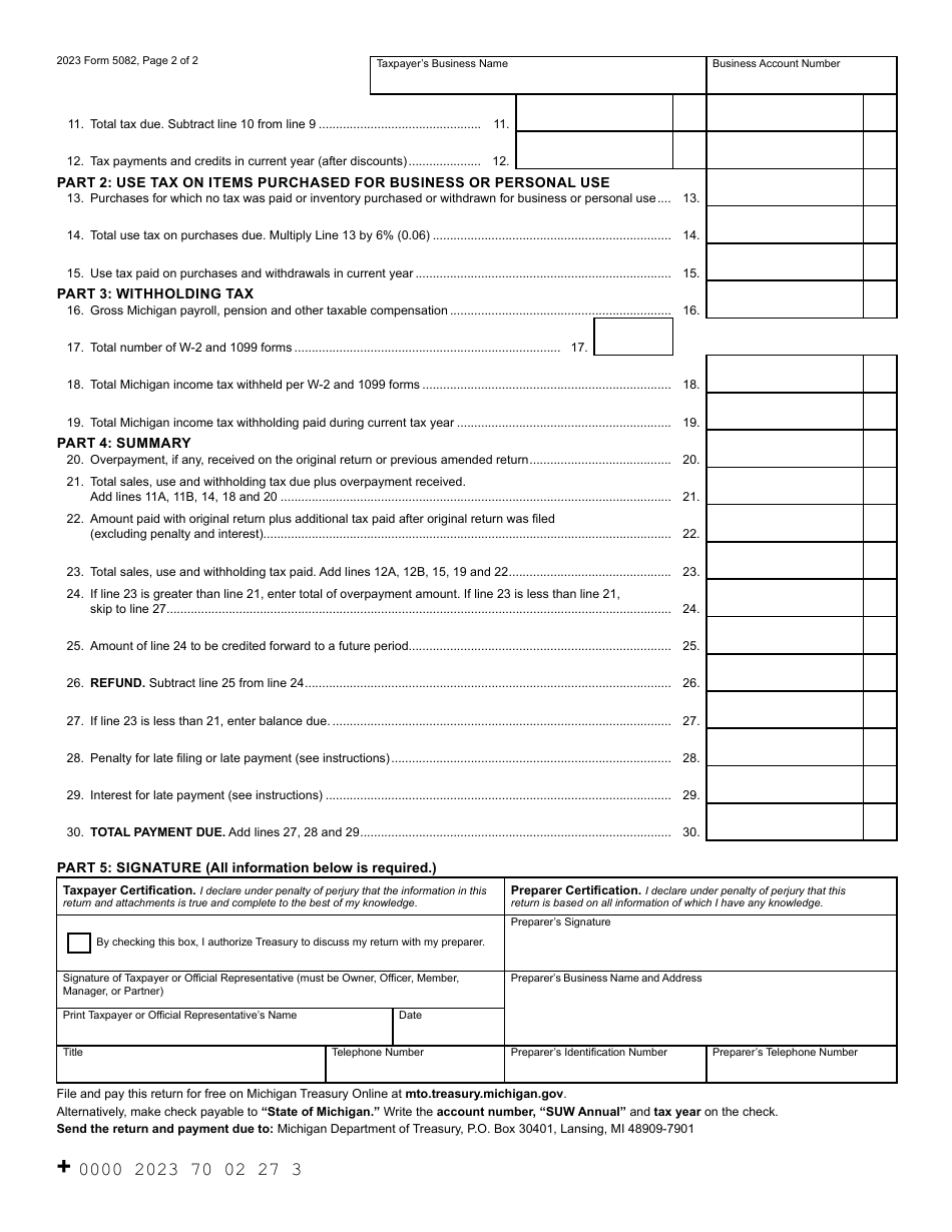 Form 5082 Sales, Use and Withholding Taxes Amended Annual Return - Michigan, Page 2