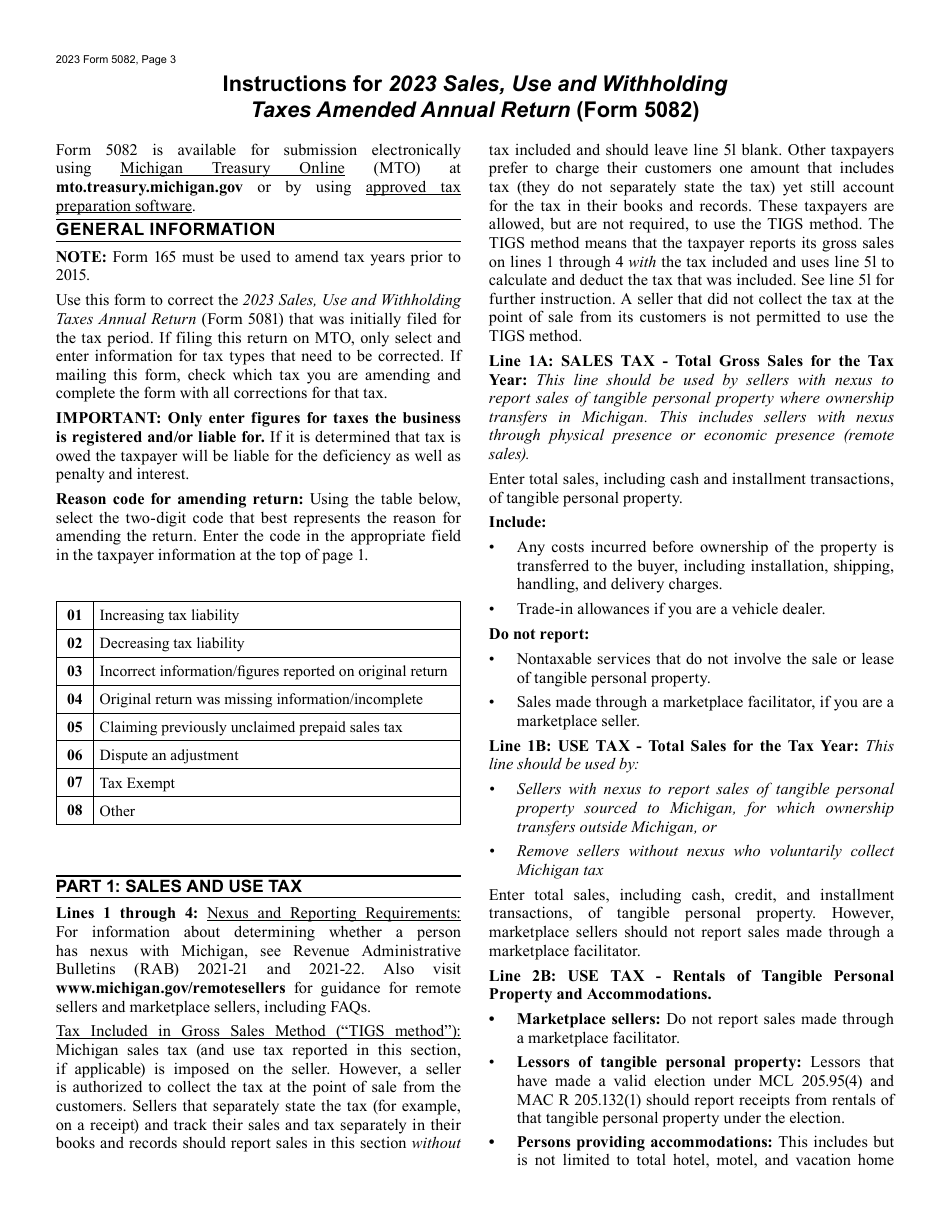 Form 5082 Sales, Use and Withholding Taxes Amended Annual Return - Michigan, Page 3