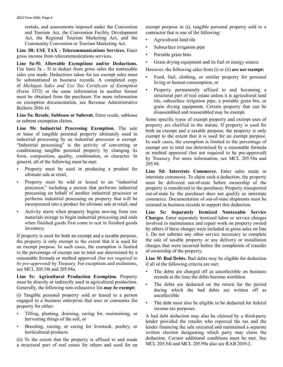 Form 5082 Sales, Use and Withholding Taxes Amended Annual Return - Michigan, Page 4